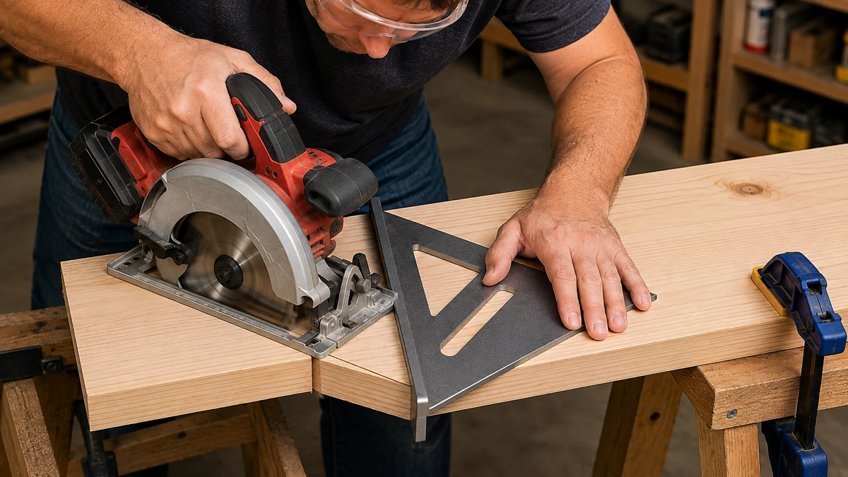 Circular saw guided by a speed square for a straight crosscut