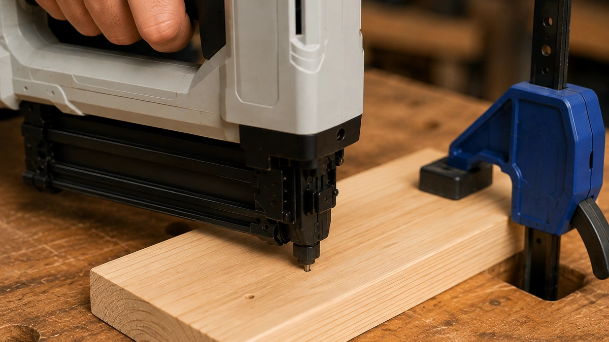 Brad nailer being tested squarely on a clamped scrap wood board
