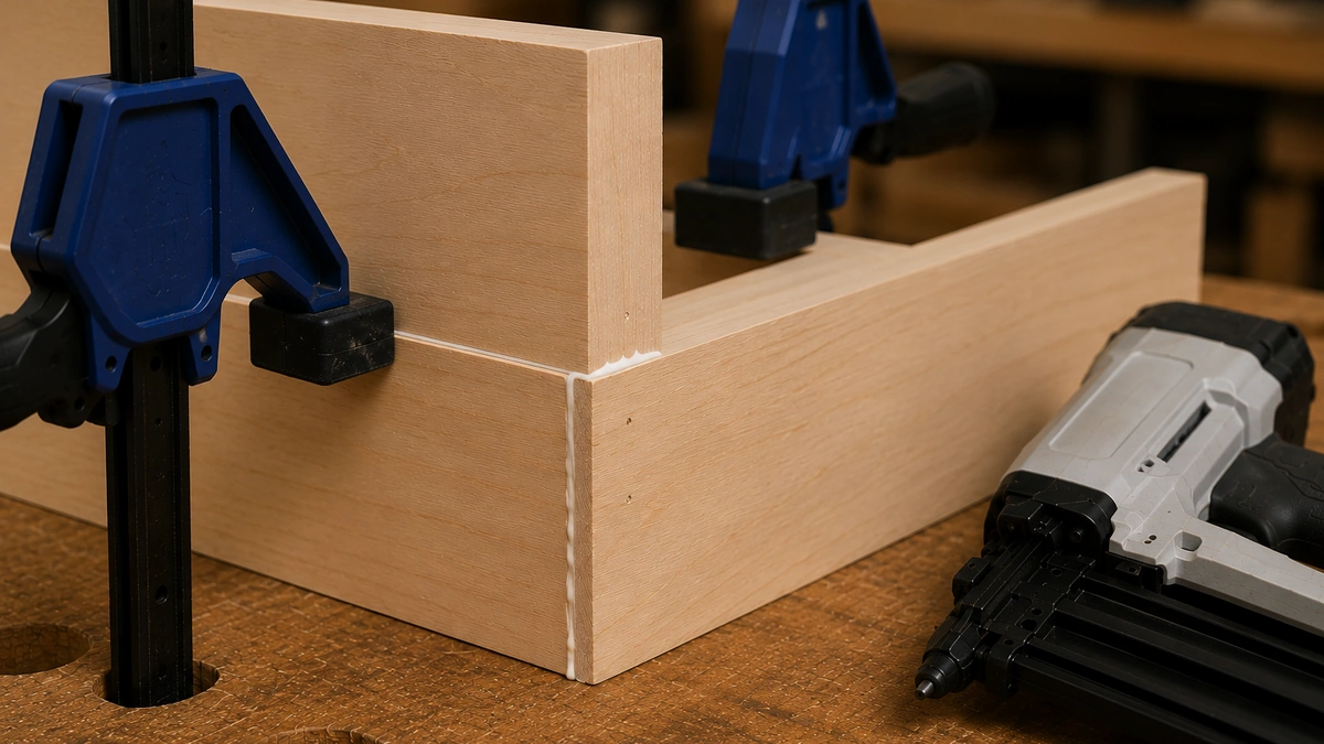 Woodworking assembly secured with clamps while wood glue cures after brad fastening