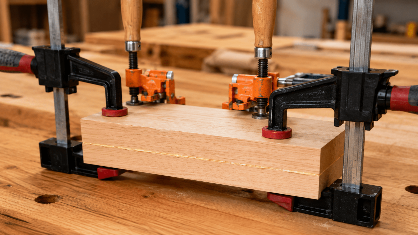 Wood pieces clamped together during a glue-up with a small even line of glue squeeze-out
