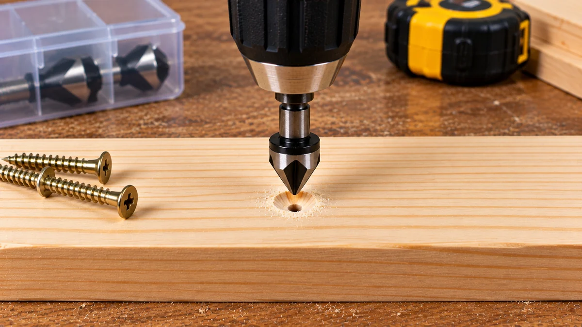 Countersink bit creating a tapered recess around a pilot hole in a pine board