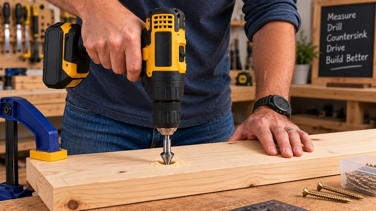 How to countersink screws in wood using a cordless drill and countersink bit