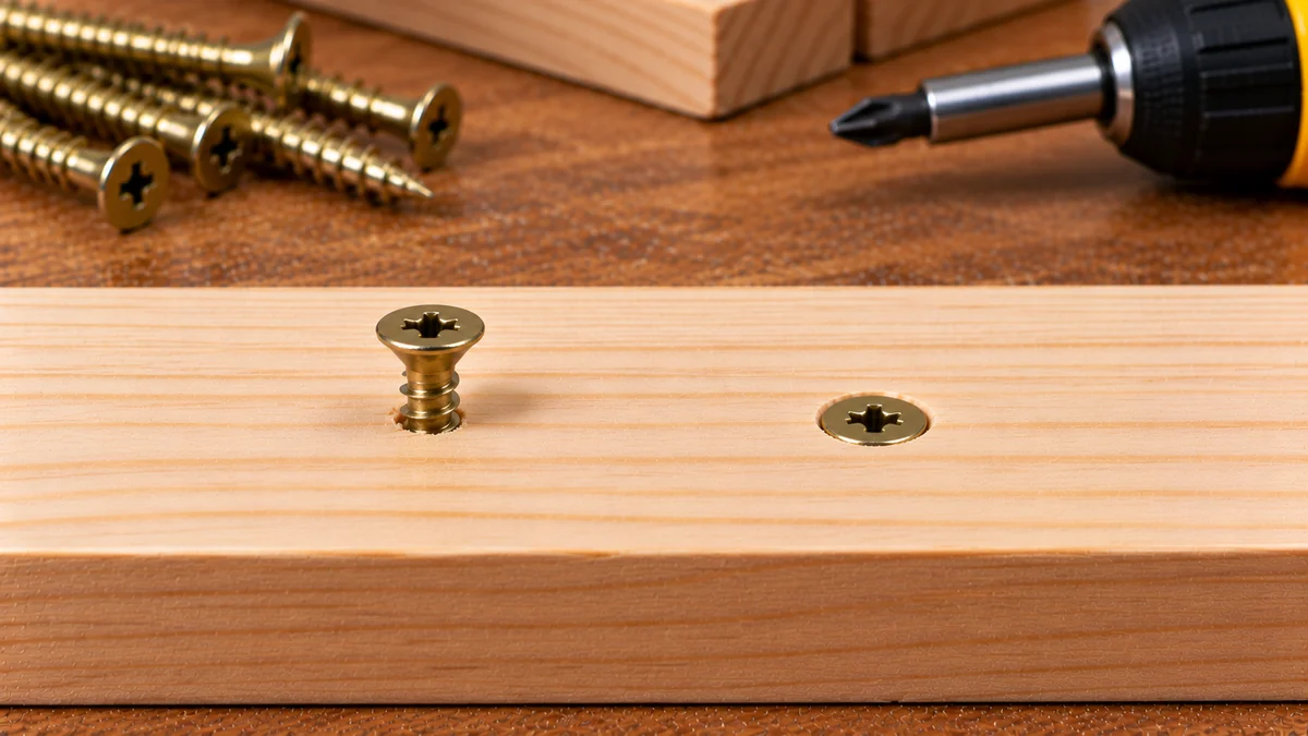 Comparison of a raised wood screw and a properly countersunk screw sitting flush with the wood surface