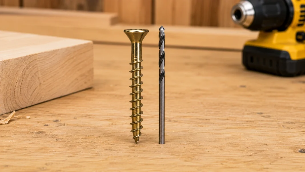 Wood screw beside correctly sized drill bit for a pilot hole
