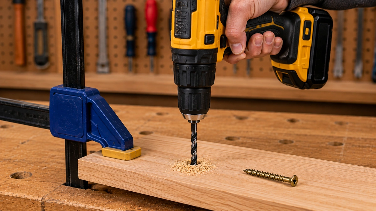 Beginner drilling a pilot hole into a clamped wood board