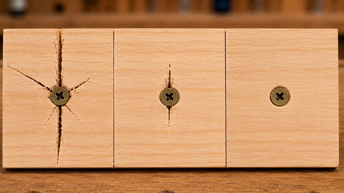 Comparison of split wood and clean screw installation with pilot holes