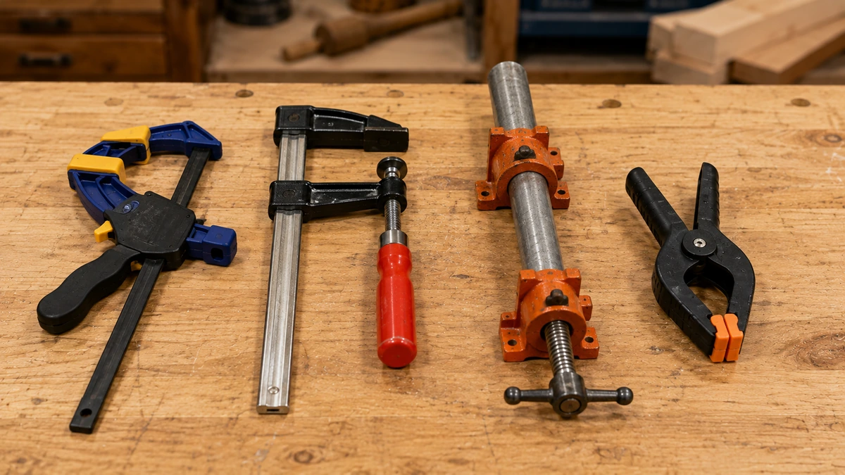 Common woodworking clamp types for beginners arranged on a workbench