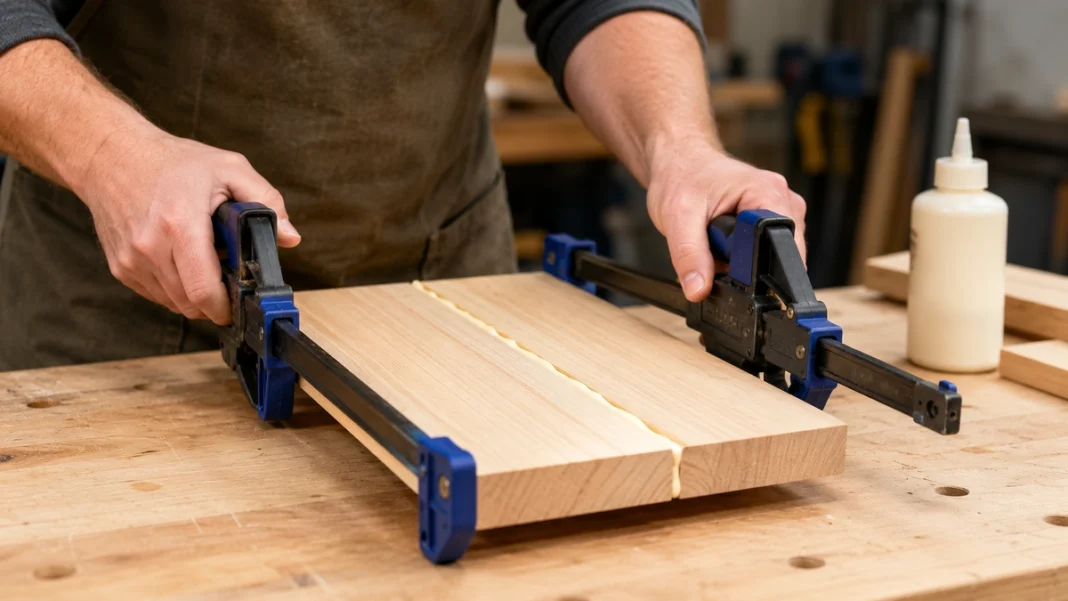 Beginner using woodworking clamps during a two-board glue-up